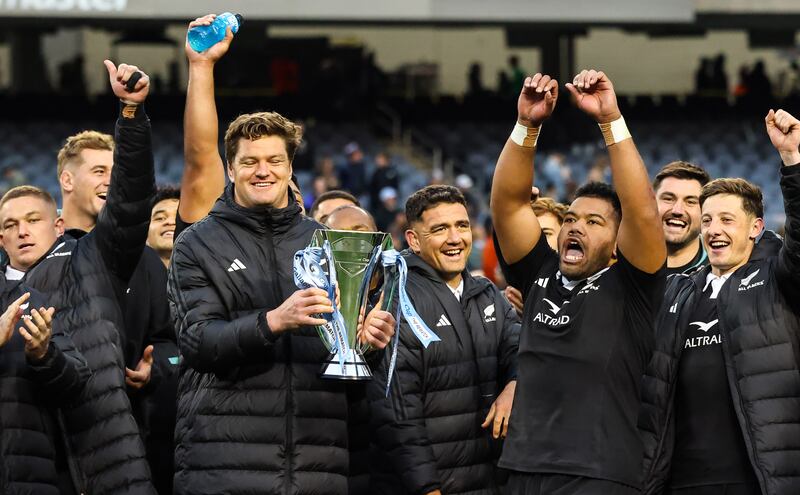New Zealand’s Scott Barrett lifts the Gallagher Cup. Photograph: Gary Carr/Inpho
