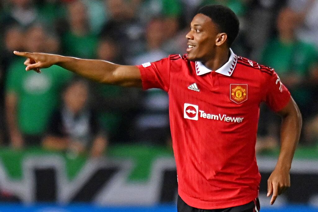 Anthony Martial celebrates after scoring Manchester United's second goal during the Europa League group E match against Cyprus' Omonia Nicosia at GSP stadium in Nicosia. Photograph: AFP via Getty Images