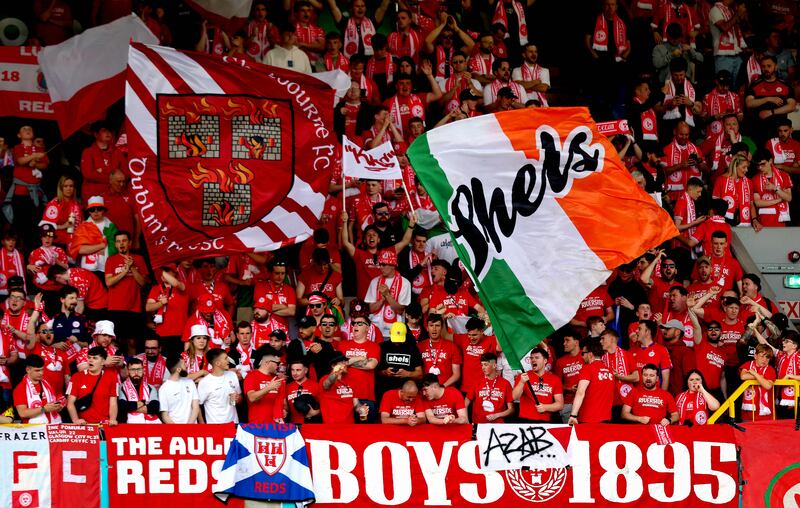 Shelbourne fans ahead of the game against Linfield at Windsor Park in July. Photograph: Ryan Byrne/Inpho
