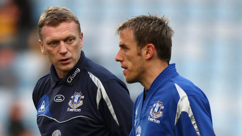 Outgoing Everton manager David Moyes (right) and Phil Neville. Photograph: David Davies/PA Wire