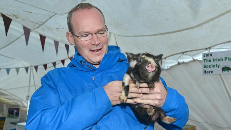 Minister for Agriculture Simon Coveney with Spotty the Kunekune piglet at the Irish Pig Society stand at the National Ploughing Championships. Photo: Barbara Lindberg
