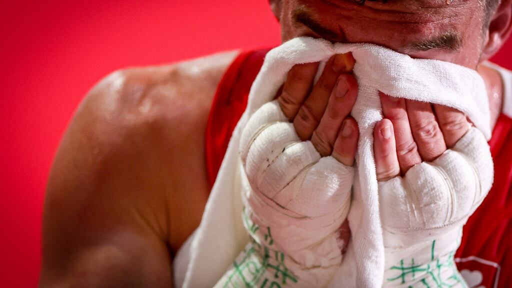 Ireland’s Emmet Brennan after losing his men’s light heavyweight round of 32 fight against Dilshodbek Ruzmetov. Photograph: James Crombie/Inpho