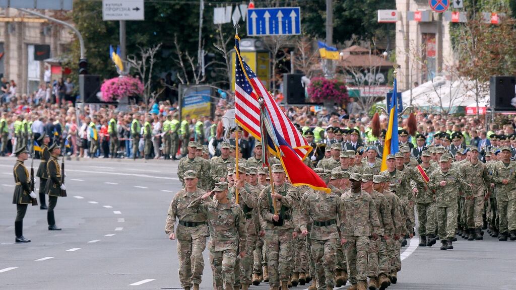US soldiers march along Kiev’s Khreshchatyk Street during a military parade to celebrate Independence Day. Photograph: Efrem Lukatsky/AP