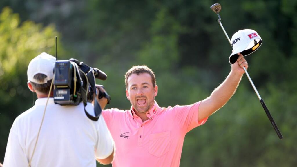 Graeme McDowell of Northern Ireland celebrates after beating Thongchai Jaidee 2&1 in the final of the Volvo World Match Play Championship at Thracian Cliffs Golf & Beach Resort in Kavarna, Bulgaria. Photograph: Ross Kinnaird/Getty Images