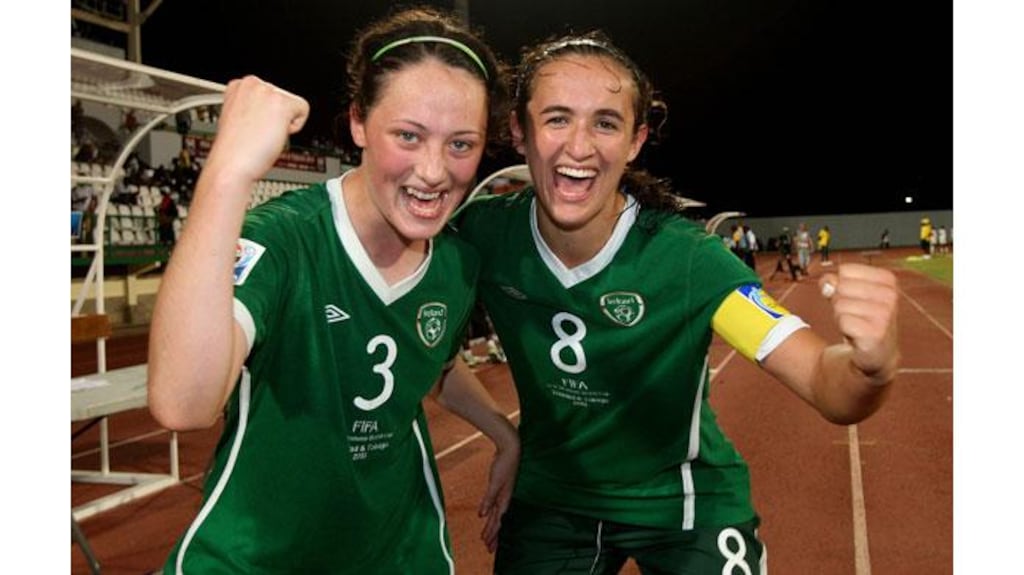 Megan Campbell and Dora Gorman last night’s win over 3-0 win over Ghana. Ireland will meet Japan in the quarter-finals on Friday. Photograph: James Crombie/Inpho