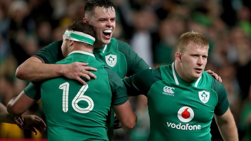 Rob Herring, James Ryan and John Ryan celebrate at the final whistle in Sydney. Photograph: Dan Sheridan/Inpho