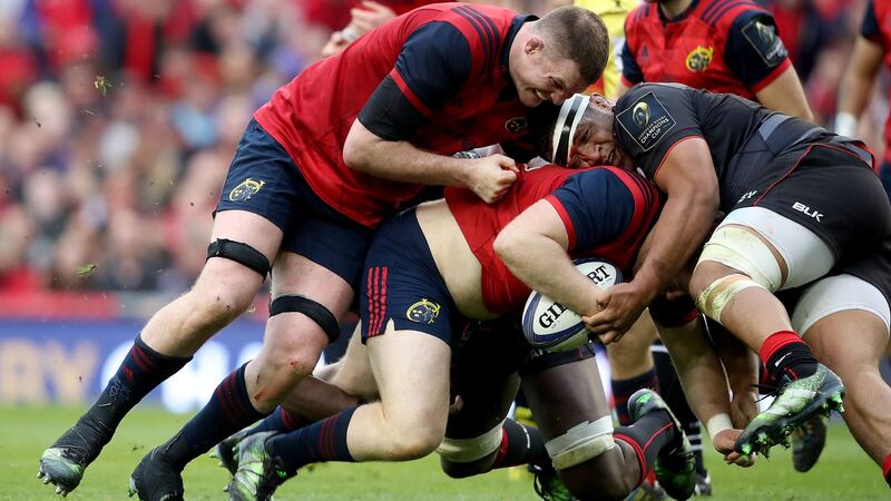 Munster’s Donnacha Ryan and Stephen Archer with Mako Vunipola of Saracens at the European Rugby Champions Cup Semi-Final at Aviva Stadium, Dublin. Photograph: Dan Sheridan/Inpho