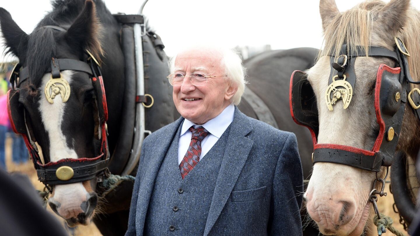 President Michael D Higgins with “Bud and Michael” at the National Ploughing Championships at Ratheniska, Co Laois in September 2014. Photograph: Eric Luke