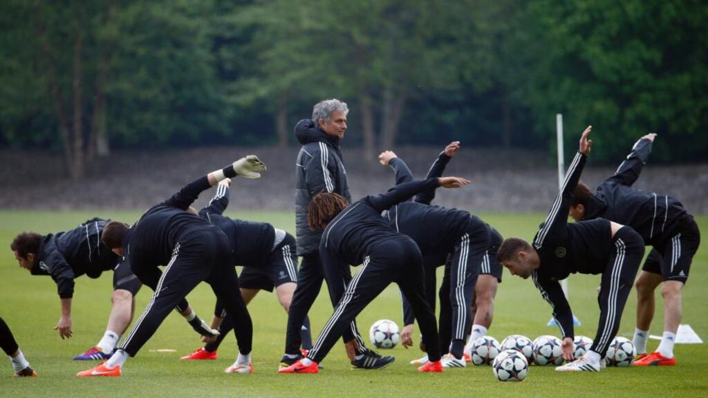 Coach Jose Mourinho oversees a Chelsea training session   at Cobham ahead of tonight’s Champions League semi-final second leg against Atletico Madrid at Stamford Bridge. Photograph: Eddie Keogh/Reuters