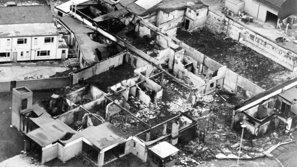 An aerial picture of the burnt-out La Mon Hotel.  Photograph: Pacemaker