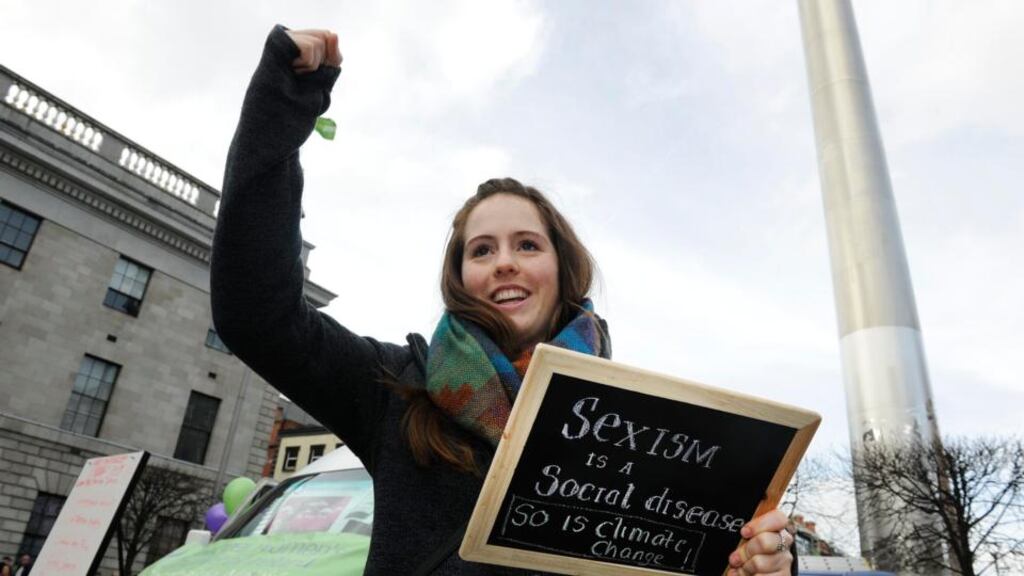 Emma Jayne Geraghty on O’Connell Street, Dublin, on International Women’s Day 2014, as the National Women’s Council of Ireland hosts a soap box with four hours of scheduled speakers. Photograph: Clodagh Kilcoyne