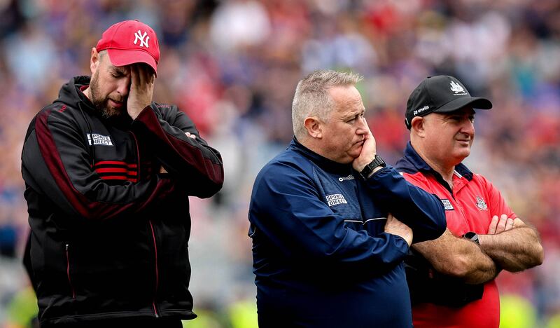 All-Ireland Senior Hurling Final 2025: Cork vs Tipperary. Manager Pat Ryan with his dejected
staff. Photograph: Inpho