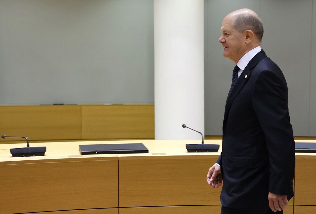 German chancellor Olaf Scholz during the EU leaders' summit at the European Council Building in Brussels on Thursday. Photograph: Ludovic Marin/AFP via Getty Images