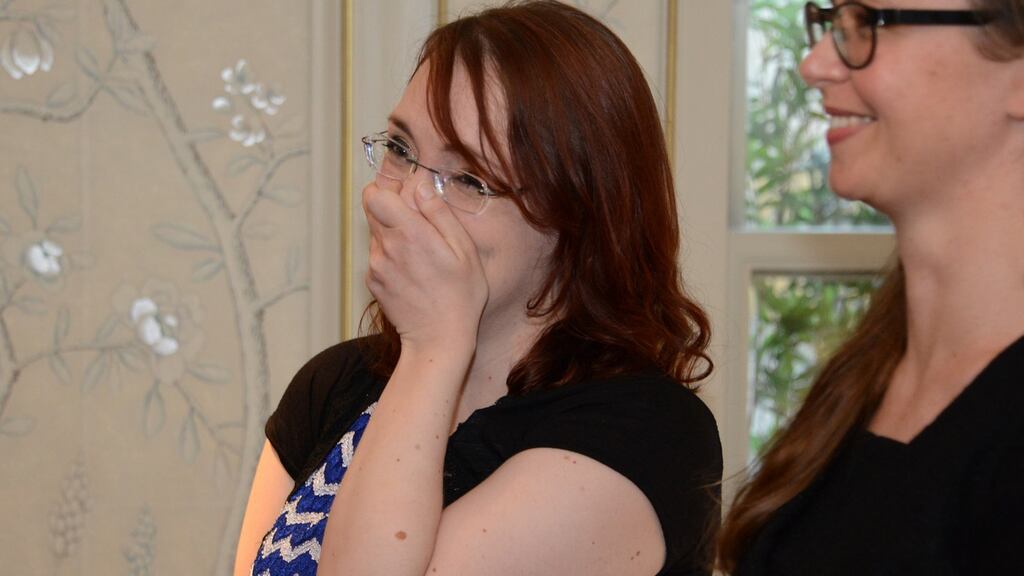 Lisa McInerney reacts to the announcement that she has won the 2016 Desmond Elliott Prize