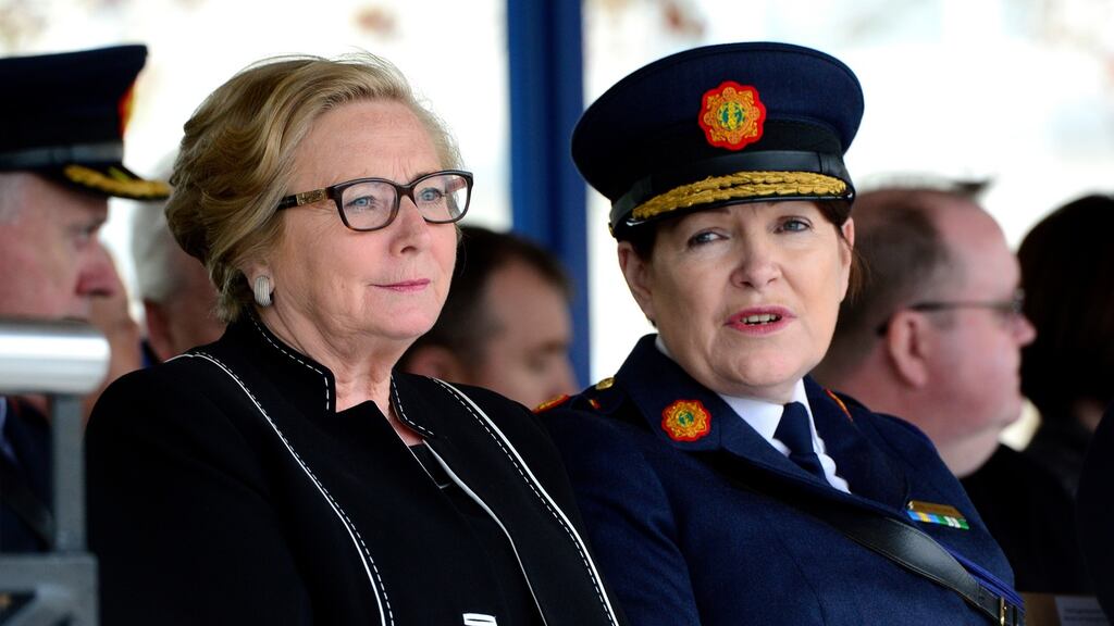 Tánaiste Frances Fitzgerald at Templemore Garda College with the then garda commissioner Nóirín O’Sullivan last April. Photograph: Cyril Byrne/The Irish Times