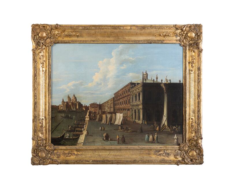 The painting is based on a similar composition by the 18th century Venetian painter, Giovanni Antonio Canal, who became better known as Canaletto