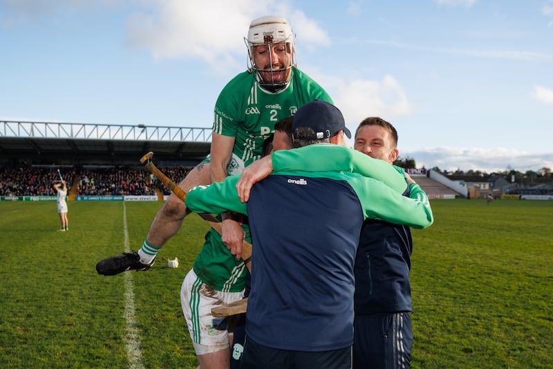 O’Loughlin Gaels' Tony Forristal celebrates with the club's management team after they ended Ballyhale Shamrocks' reign in Kilkenny in the final at UPMC Nowlan Park. Photograph: Ben Brady/Inpho