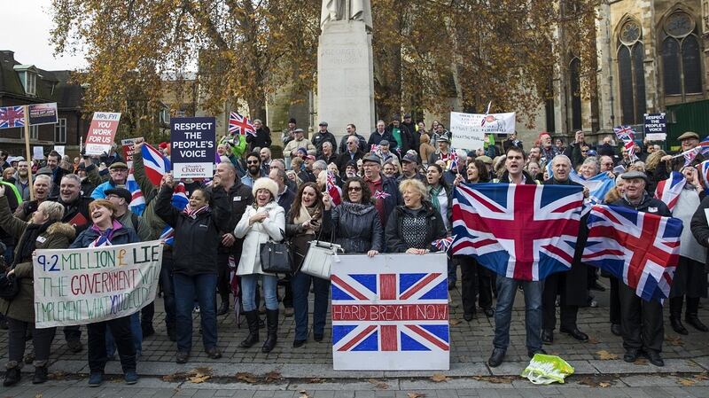 Pro-Brexit demonstrators protest outside the Houses of Parliament in London. Photograph: Jack Taylor/Getty Images