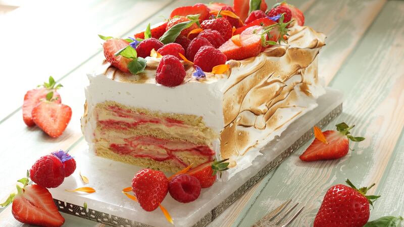 Summer berry baked Alaska terrine.