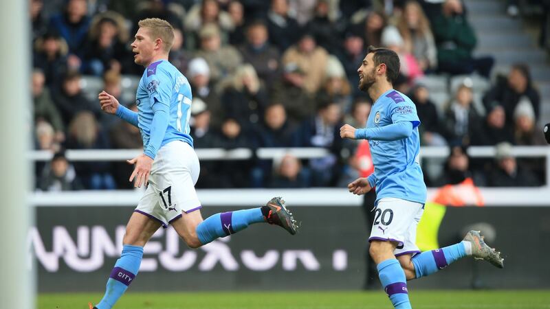 Kevin De Bruyne celebrates after scoring for Manchester City against Newcastle. Photograph: Lindsey Parnaby/AFP via Getty