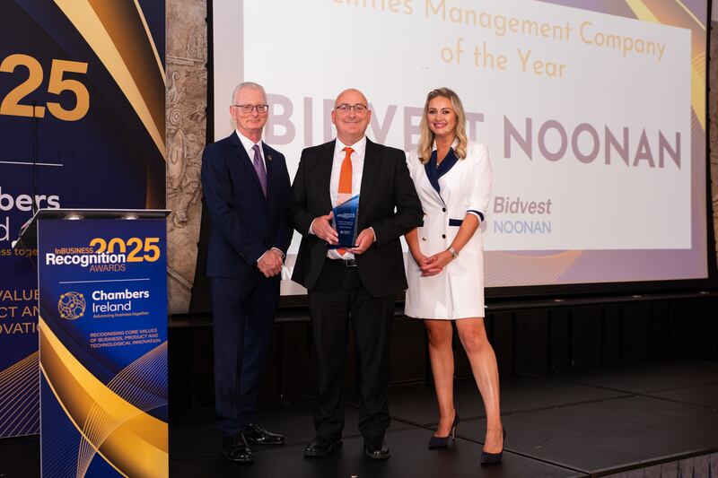 Ian Talbot, chief executive of Chambers Ireland; Brendan Kogh, client relationship director at Bidvest Noonan; and Anna Daly, MC of the awards. Photographer: Ruben Morrissey-Fernandez/Ruby Productions