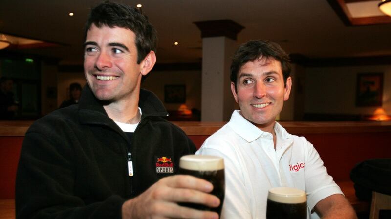 Gearoid Towey (left) and Ciarán Lewis on their arrival back in Dublin after the Atlantic Challenge race. Photograph: Eric Luke