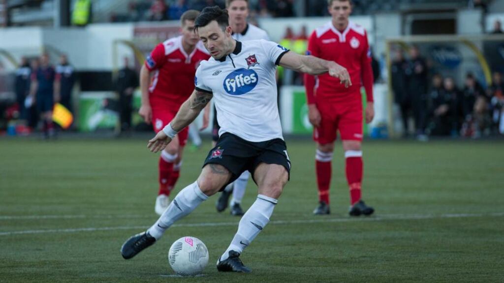 Richie Towell scores Dundalk’s fourth goal from the penalty spot during the FAI Cup game against Shelbourne at Oriel Park. Photo: Ryan Byrne/Inpho