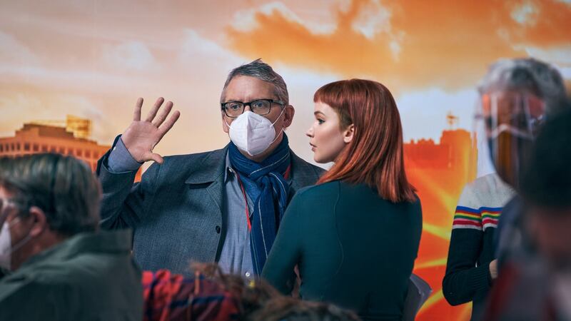Director Adam McKay with Jennifer Lawrence on the set of Don’t Look Up. Photograph: Niko Tavernise/Netflix