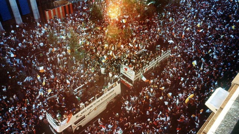 It was past 9pm when the convoy reached O’Connell Street, the crash barriers proving next to useless as fans surged towards the buses.
