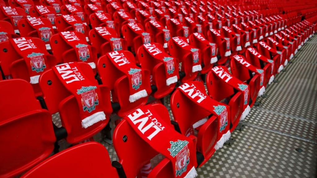 Ninety-six Liverpool scarves are placed on seats on the 25th anniversary of the Hillsborough disaster before the FA Cup semi-final between Arsenal and Wigan Athletic at Wembley Stadium. Photograph: Eddie Keogh/Reuters