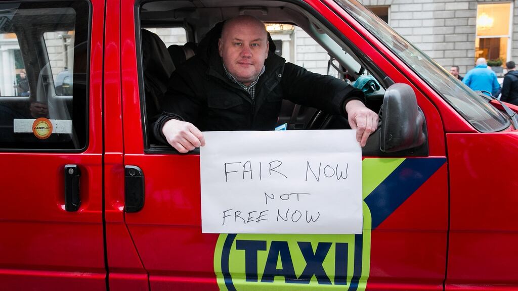 Joe Dolan from Castleknock during a taxi drivers’ protest outside Free Now offices on Mount Street, Dublin on Thursday. Photograph: Gareth Chaney/Collins