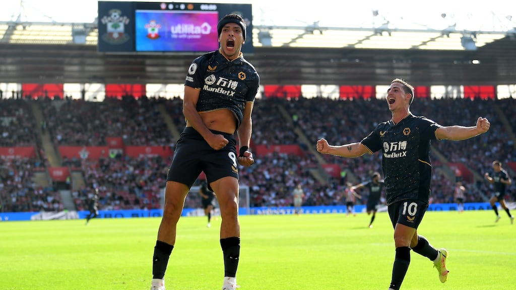 Raul Jimenez celebrates after scoring for Wolves during the Premier League game against Southampton at St Mary’s Stadium. Photograph: Alex Davidson/Getty Images
