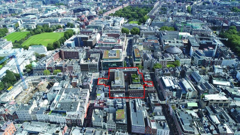 An aerial view of Dublin city centre shows the Royal Hibernian Way’s prime location.
