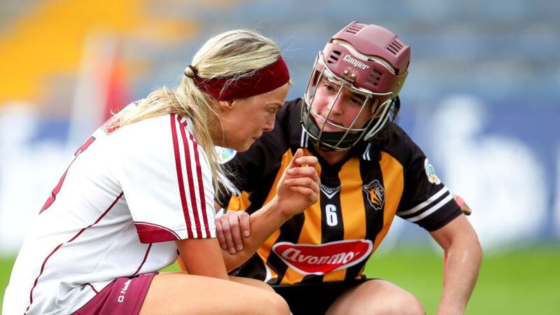 Galway’s Sarah Dervan is comforted by Ann Dalton of Kilkenny at the end of the Liberty Insurance All-Ireland Senior Camogie Championship semi-final at Semple Stadium in Thurles. Photograph: Bryan Keane/Inpho