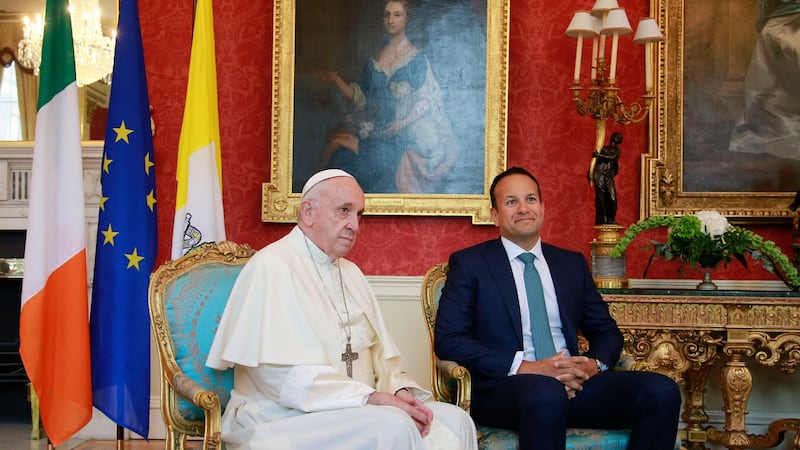 Pope Francis and the Taoiseach Leo Varadkar at Dublin Castle. Photograph: Nick Bradshaw/The Irish Times