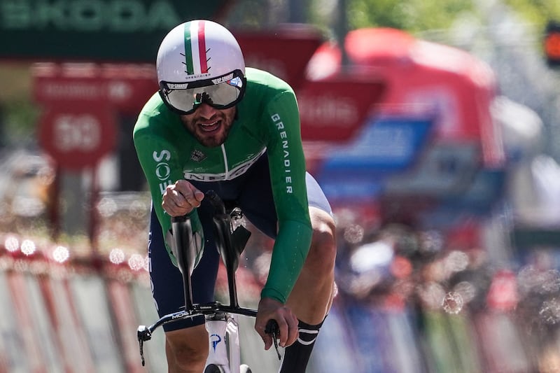 Italian rider Filippo Ganna crosses the finish line to win the 10th stage 10 of the 2023 La Vuelta. Photograph: Cesar Manso/AFP via Getty Images