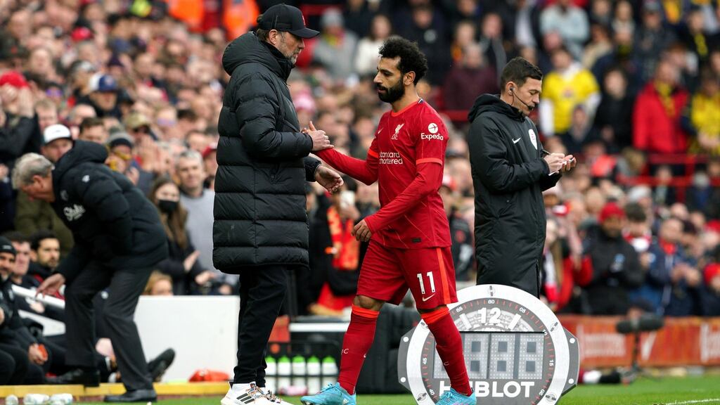While Mohamed Salah is Liverpool’s top scorer this season with 28 goals in all competitions, he has only netted once – with a penalty – since February. Photograph: PA
