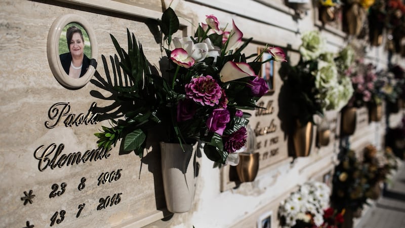 The tomb of Paola Clemente, who died at age 49 labouring in a vineyard, in Crispiano, Italy. Photograph: Nadia Shira Cohen/The New York Times