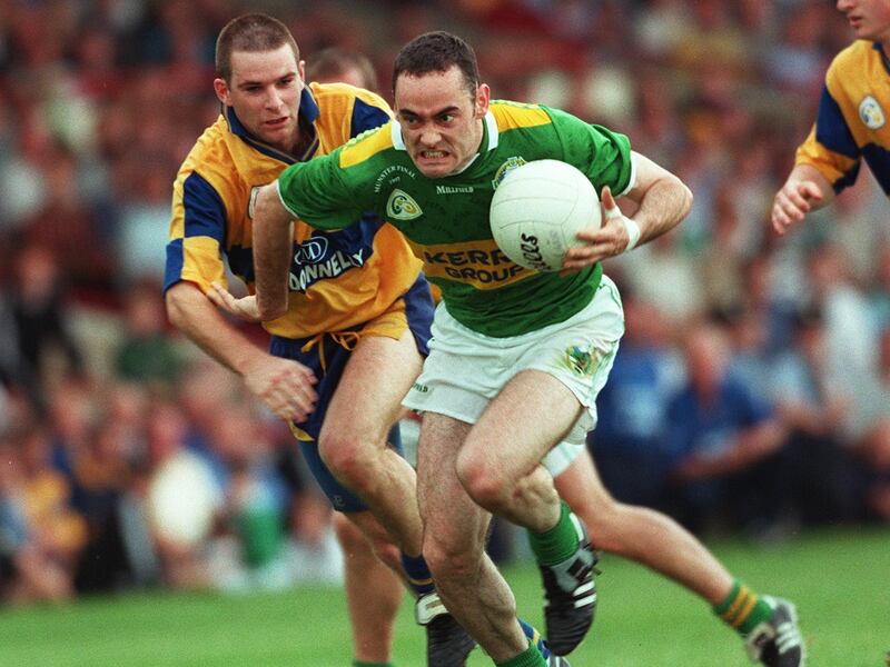 Kerry's Pa Laide in action against Clare's Barry Keating during the 1997 Munster Final. Laide scored the game's only goal which proved to be the key score. Photograph: Lorraine O'Sullivan/Inpho