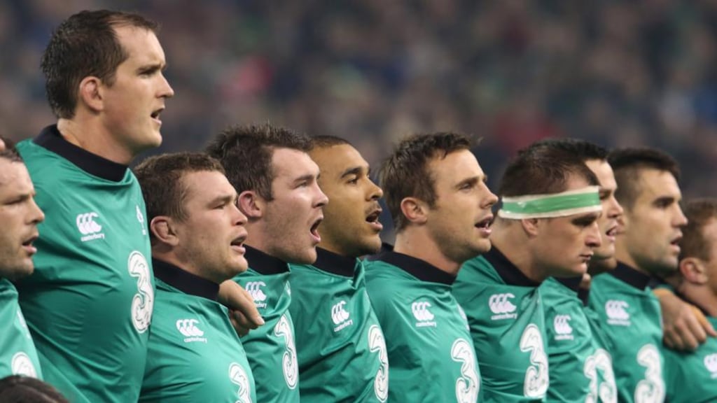 Ireland’s players singing ‘Ireland’s Call’. Photograph: Cathal Noonan/Inpho