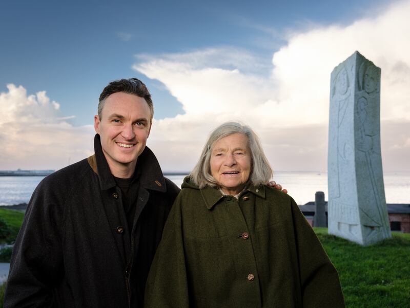 Imogen Stuart with her grandson, film director Emile Dineen, in front of her sculture Stele. Photograph: Conor Horgan