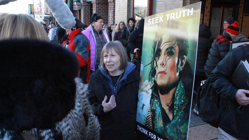 A protester at the screening of Leaving Neverland at the Sundance film festival in Utah. Photograph: Jason Bailey/The New York Times