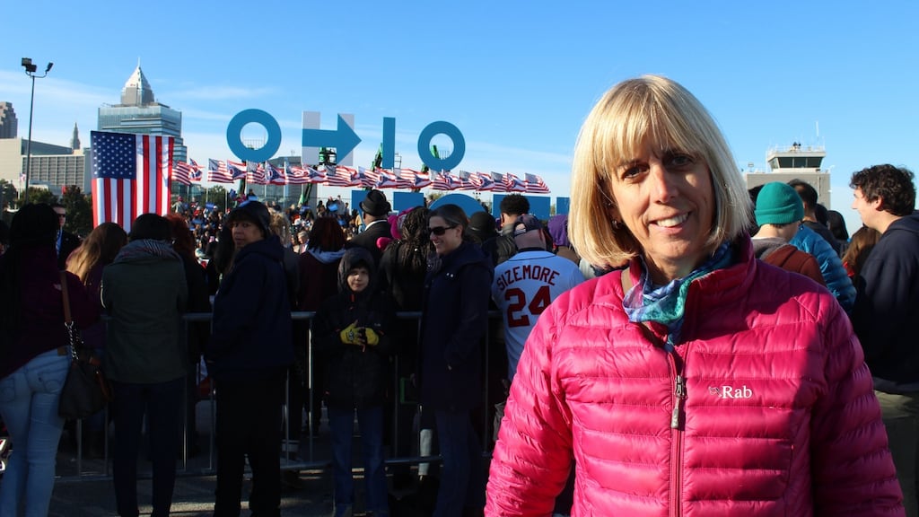 Jeanne Hoopes (61), a retired school councillor from Rocky River, an affluent western suburb of Cleveland at the Obama ralling in Cleveland, Ohio. Photograph: Simon Carswell