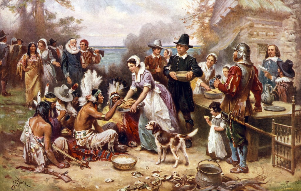 The First Thanksgiving in 1621, after a painting by Jean Leon Gerome; screen print, 1932. Photograph: GraphicaArtis/Getty Images