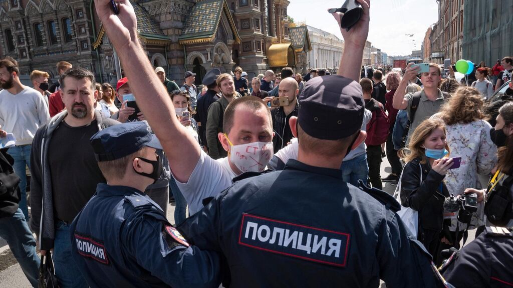 Police block protesters during a rally in St Petersburg on August 1st in support of  the deposed  Khabarovsk  governor Sergei Furgal. Photograph: Dmitri Lovetsky/AP