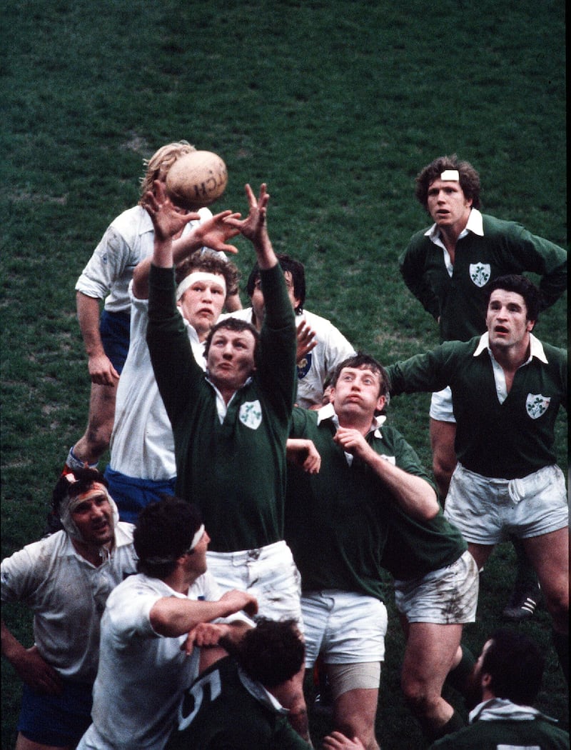 Willie Duggan wins a lineout for Ireland, with Moss Keane, John O’Driscoll and Fergus Slattery also in the frame, in a Five Nations Ireland vs France match in 1981. Photograph: Billy Stickland/Inpho