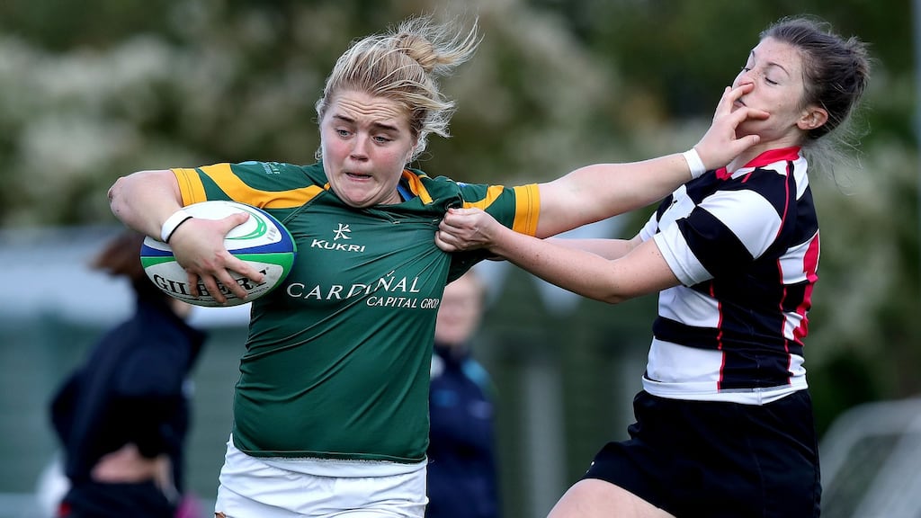 Railway Union’s Cliodhna Moloney and Alex White of Old Belvedere in action. Photograph: Bryan Keane/Inpho