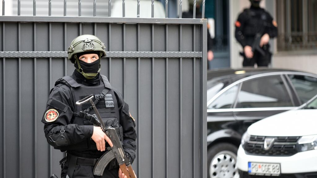 A police officer stands guard in front of the high court in Podgorica, Montenegro on Thursday. Photograph: Boris Pejovic/EPA
