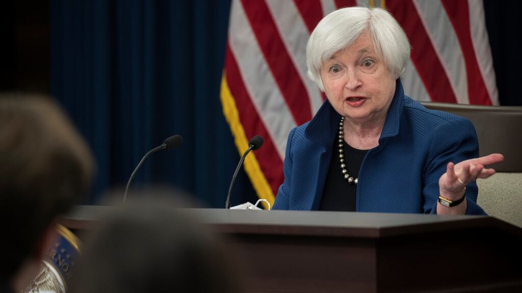 US Federal Reserve chair Janet Yellen responds to a question from the news media during a press conference