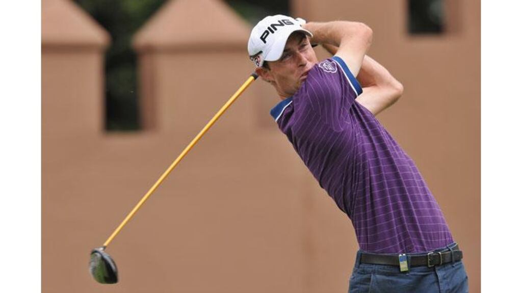 Rhys Davies of Wales plays his tee shot on the ninth hole during the third round of the Trophee du Hassan II Golf at the Golf du Palais Royal in Agadir, Morocco. Photograph: Stuart Franklin/Getty Images